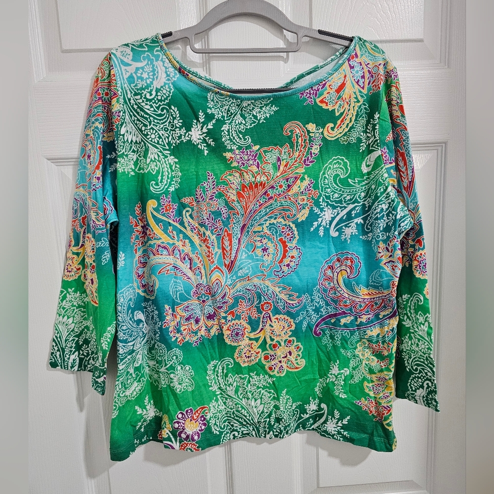 Talbots Women’s Green Paisley Print Boatneck Top